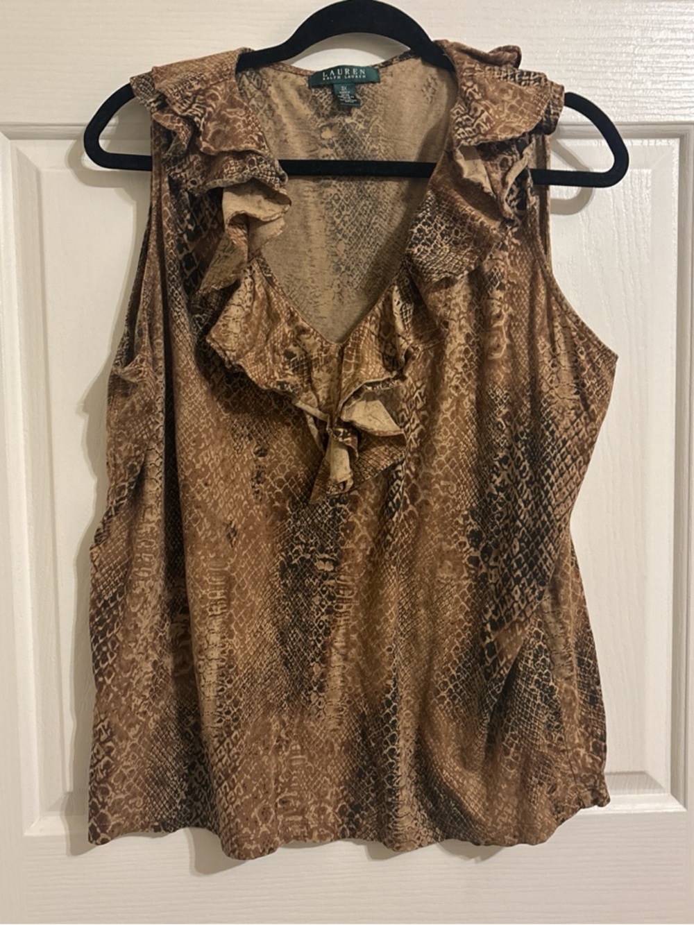 Ralph Lauren Brown Snake-Print Ruffle V-Neck Camisole